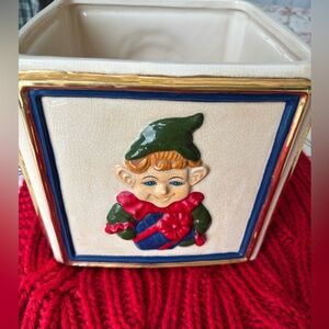 Vintage Christmas Santa and elf porcelain/ceramic cube planter box